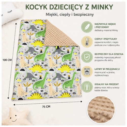 Kocyk Dziecięcy 75x100 Ocieplany Dinozaury Zielone/Beż Bawełna/Minky