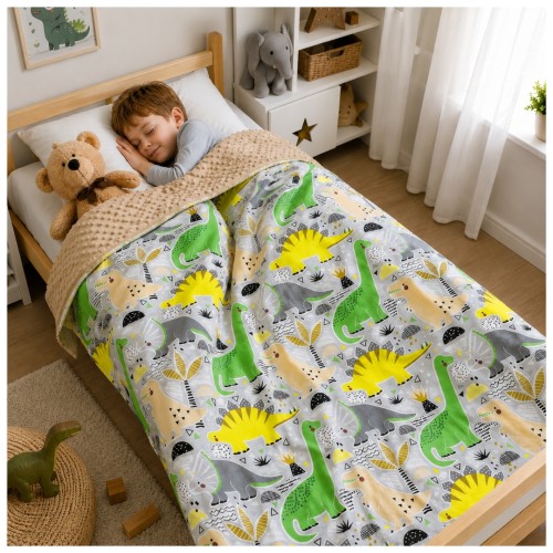 Kocyk Dziecięcy 75x100 Ocieplany Dinozaury Zielone/Beż Bawełna/Minky
