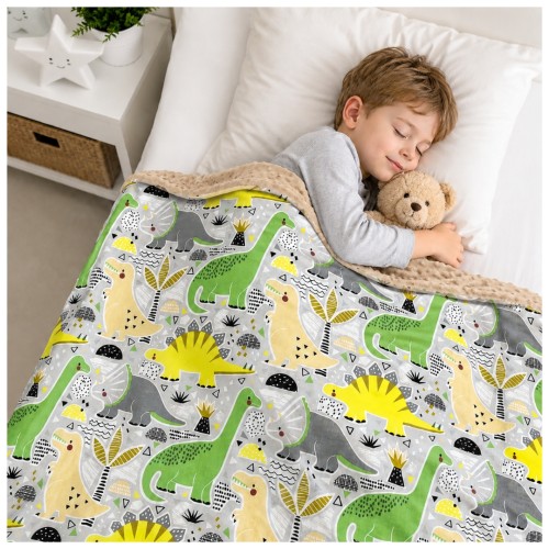 Kocyk Dziecięcy 75x100 Ocieplany Dinozaury Zielone/Beż Bawełna/Minky