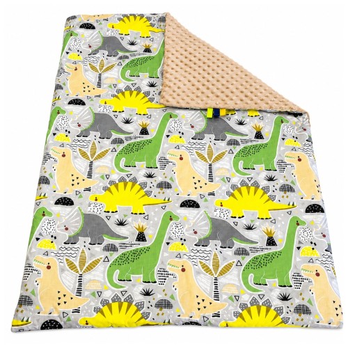 Kocyk Dziecięcy 75x100 Ocieplany Dinozaury Zielone/Beż Bawełna/Minky