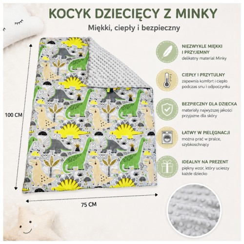 Kocyk Dziecięcy 75x100 Ocieplany Dinozaury Zielone/Szary Bawełna/Minky