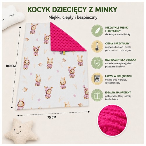 Kocyk Dziecięcy 75x100 Ocieplany Króliczki Róż/Malina Bawełna/Minky