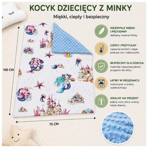 Kocyk Dziecięcy 75x100 Ocieplany Syrenki/Niebieski Bawełna/Minky