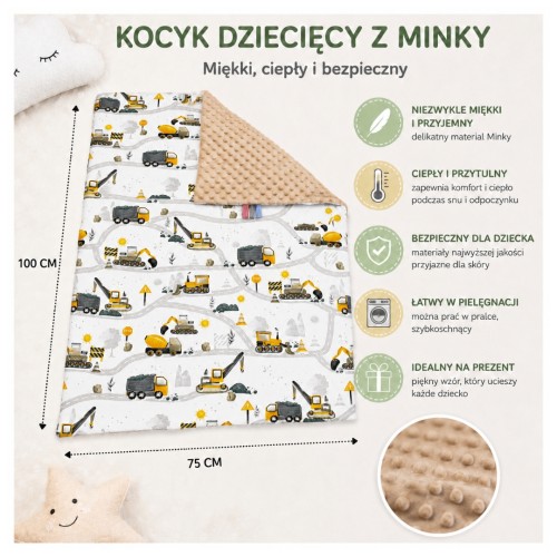 Kocyk Dziecięcy 75x100 Ocieplany Koparki Żółte Nowe/Beż Bawełna/Minky
