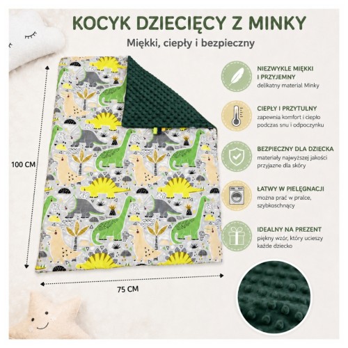 Kocyk Dziecięcy 75x100 Ocieplany Dinozaury Zielone/Ciemna Butelka Bawełna/Minky