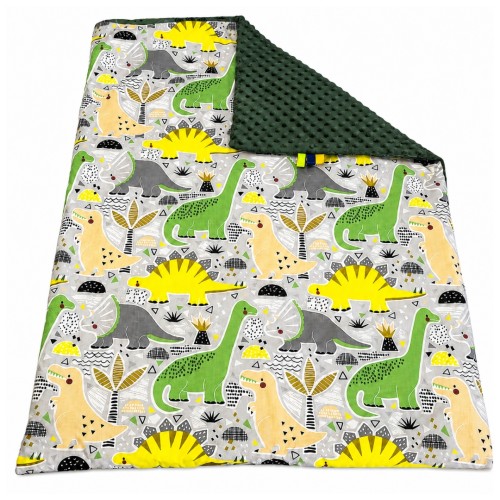 Kocyk Dziecięcy 75x100 Ocieplany Dinozaury Zielone/Ciemna Butelka Bawełna/Minky