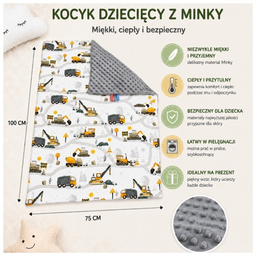 Kocyk Dziecięcy 75x100 Ocieplany Koparki Żółte Nowe/Grafit Bawełna/Minky