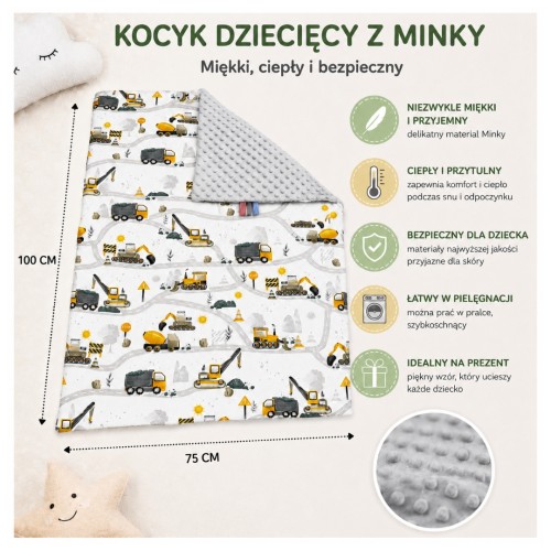 Kocyk Dziecięcy 75x100 Ocieplany Koparki Żółte Nowe/Szary Bawełna/Minky