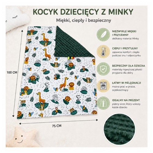 Kocyk Dziecięcy 75x100 Ocieplany ZOO/Ciemna Butelka Bawełna/Minky