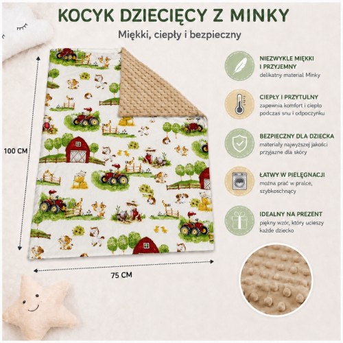 Kocyk Dziecięcy 75x100 Ocieplany Farmerski Świat Krem/Beżowy Bawełna/Minky