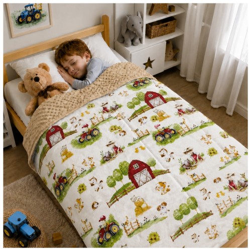Kocyk Dziecięcy 75x100 Ocieplany Farmerski Świat Krem/Beżowy Bawełna/Minky