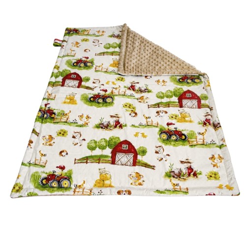 Kocyk Dziecięcy 75x100 Ocieplany Farmerski Świat Krem/Beżowy Bawełna/Minky