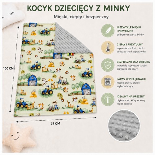 Kocyk Dziecięcy 75x100 Ocieplany Farmerski Świat Seledyn/Szary Bawełna/Minky