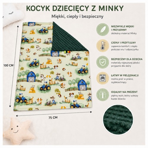 Kocyk Dziecięcy 75x100 Ocieplany Farmerski Świat Seledyn/Ciemna Butelka Bawełna/Minky