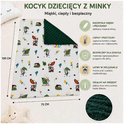 Kocyk Dziecięcy 75x100 Ocieplany Biedronki Seledyn/Ciemna Butelka Bawełna/Minky
