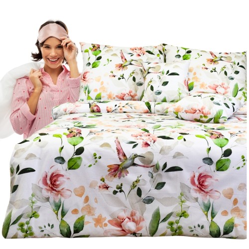 Komplet Pościeli Bawełnianej 160x200 2x70/80 Koliber W Kwiatach