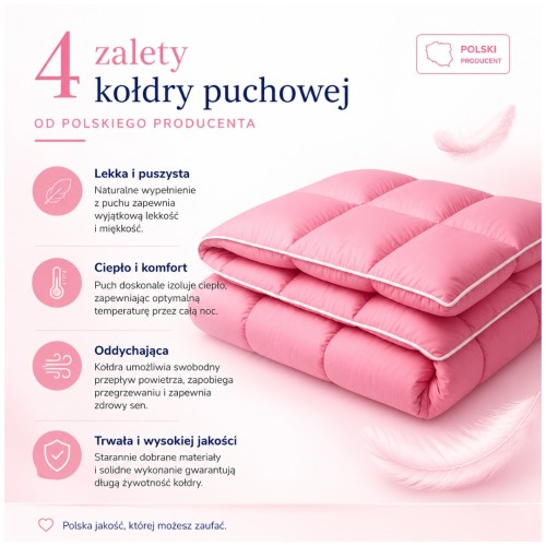 Kołdra 220x200 Puchowa Różowa Całoroczna 2000g Uniwersalna