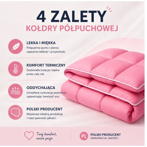Kołdra 220x200 Półpuch Różowa Całoroczna 3000g Uniwersalna