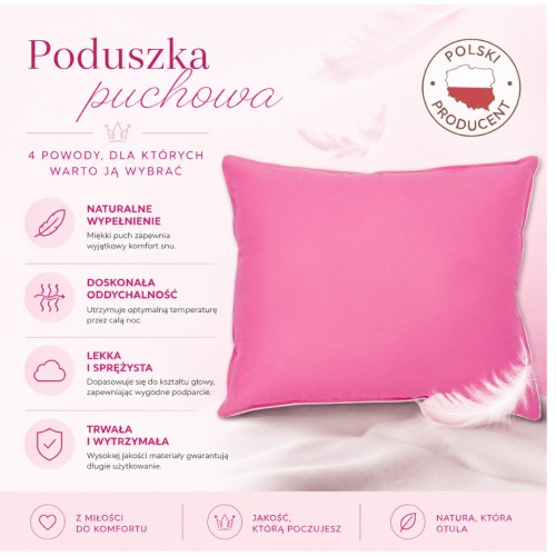 Poduszka 50x70 Puchowa Różowa Naturalna 700g Uniwerslana
