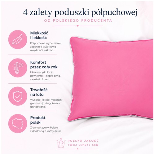 Poduszka 40x40 JAŚ Półpuchowa Różowa Naturalna 350g Uniwerslana