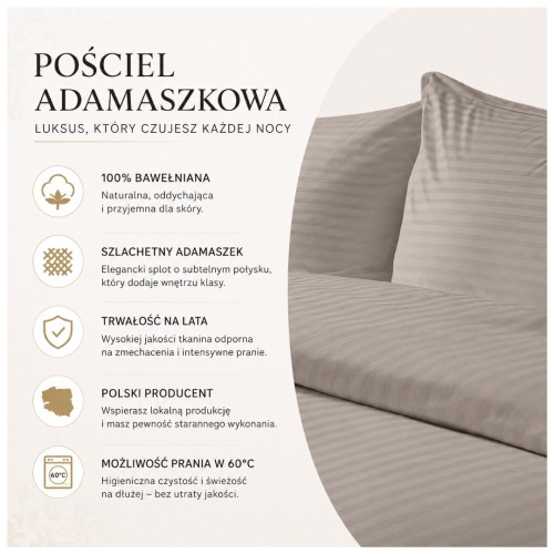 Komplet Pościeli Adamaszek  160x200 + 2 x 50x70 Light Brown Zamek Pasy 1 Cm