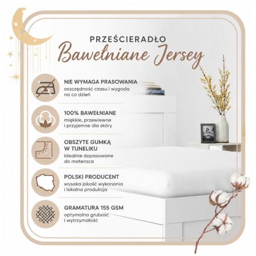 Prześcieradło JERSEY Z Gumką 200x220 Białe 100% Bawełniane 