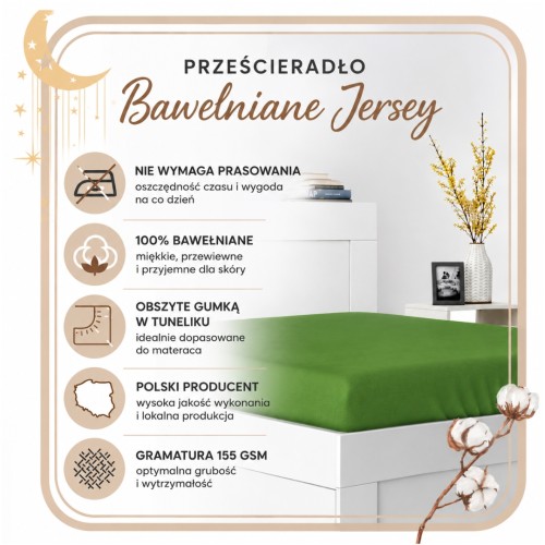 Prześcieradło JERSEY Z Gumką 90x190 Oliwka 100% Bawełniane