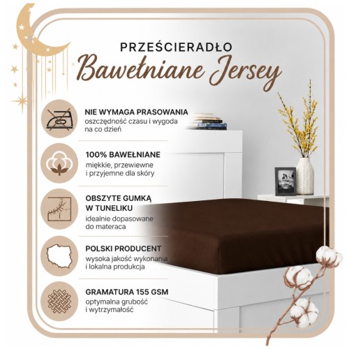 Prześcieradło JERSEY Z Gumką 200x200 Czekolada 100% Bawełniane