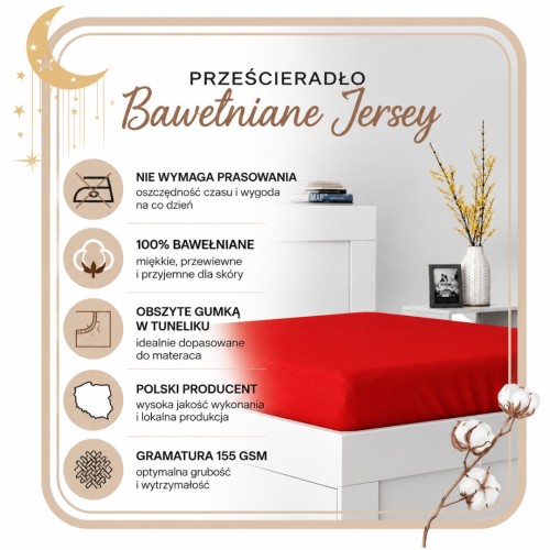 Prześcieradło JERSEY Z Gumką 80x180 Czerwone 100% Bawełniane