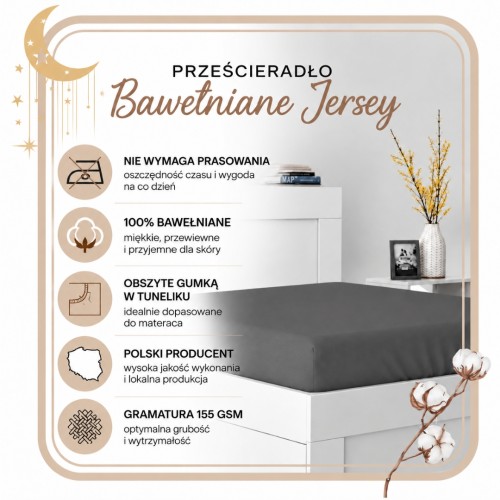 Prześcieradło JERSEY Z Gumką 80x160 Grafit 100% Bawełniane