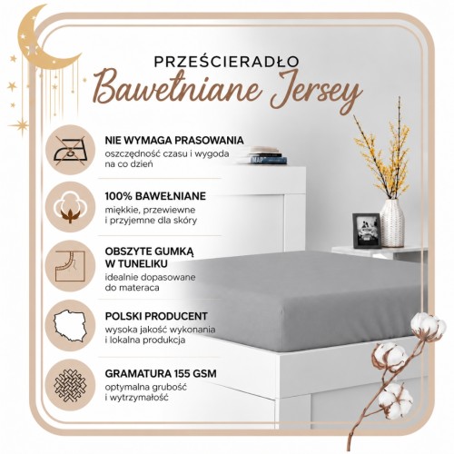 Prześcieradło JERSEY Z Gumką 140x200 Jasny Popiel 100% Bawełniane