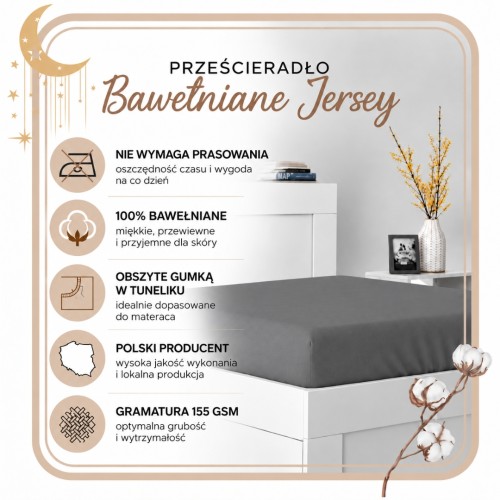 Prześcieradło JERSEY Z Gumką 70x140 Ciemny Popiel 100% Bawełniane