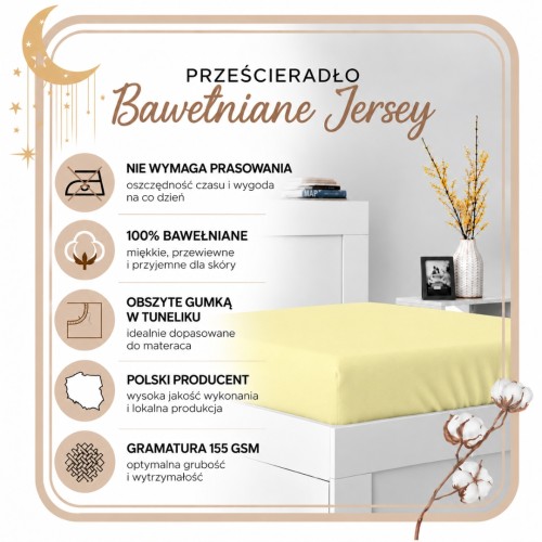 Prześcieradło JERSEY Z Gumką 200x220 Kremowe 100% Bawełniane