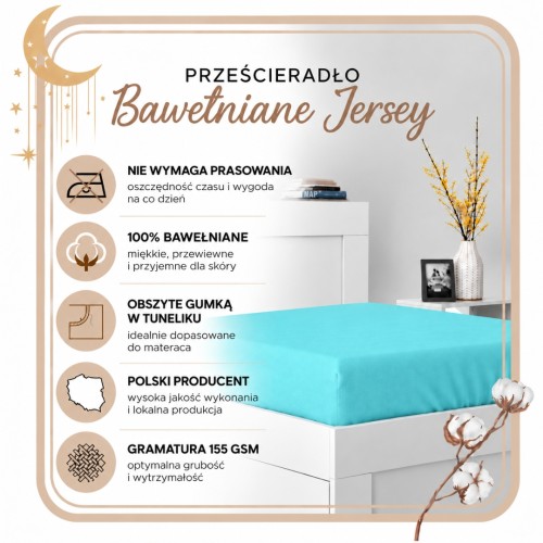 Prześcieradło JERSEY Z Gumką 80x200 Miętowe 100% Bawełniane