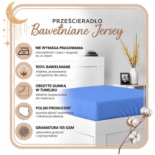 Prześcieradło JERSEY Z Gumką 90x200 Niebieskie 100% Bawełniane