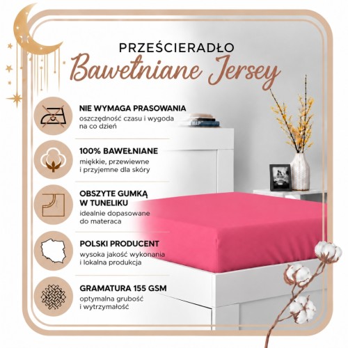 Prześcieradło JERSEY Z Gumką 200x220 Różowe 100% Bawełniane