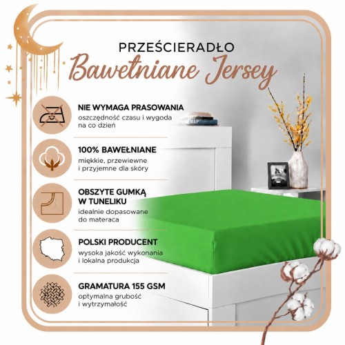 Prześcieradło JERSEY Z Gumką 180x200 Zieleń 100% Bawełniane