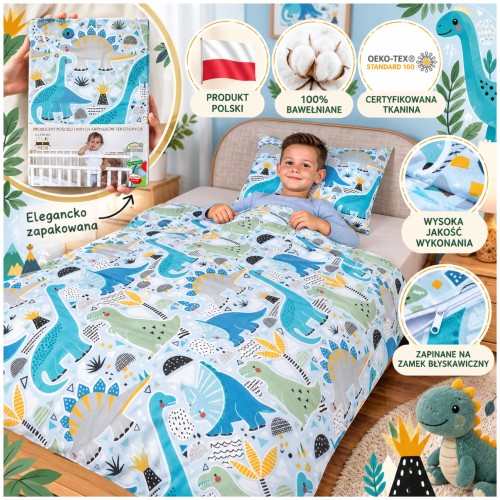 Komplet Pościeli Dziecięcej 120x160 + 50x60 Dinozaury Niebieskie