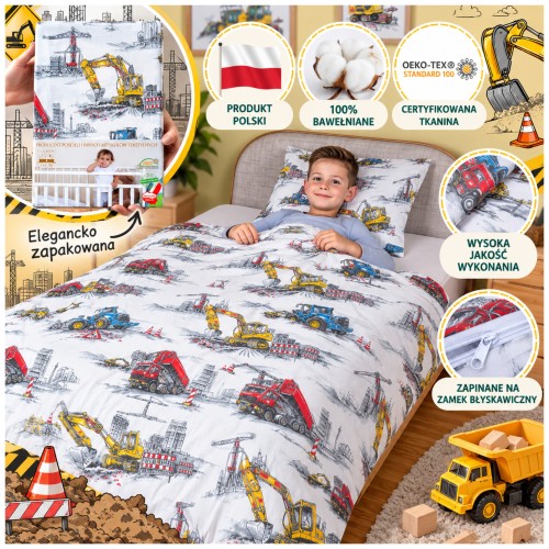 Komplet Pościeli Dziecięcej 100x160 + 50x70 Maszyny Budowlane