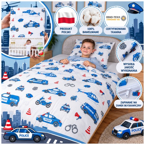 Komplet Pościeli Dziecięcej 100x135 + 50x60 Policja Na Białym