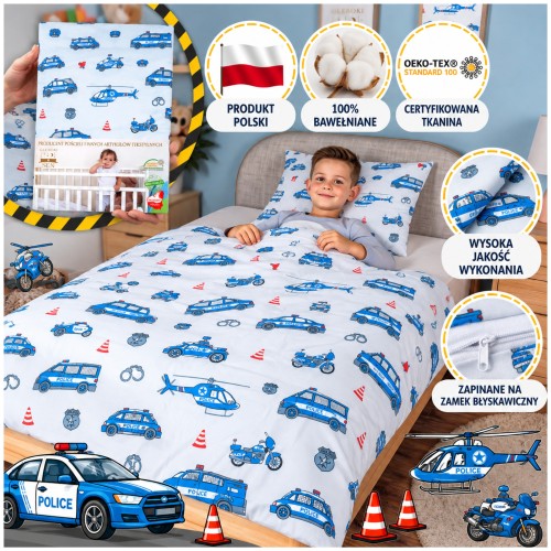 Komplet Pościeli Dziecięcej 100x135 + 50x60 Policja Na Szarym