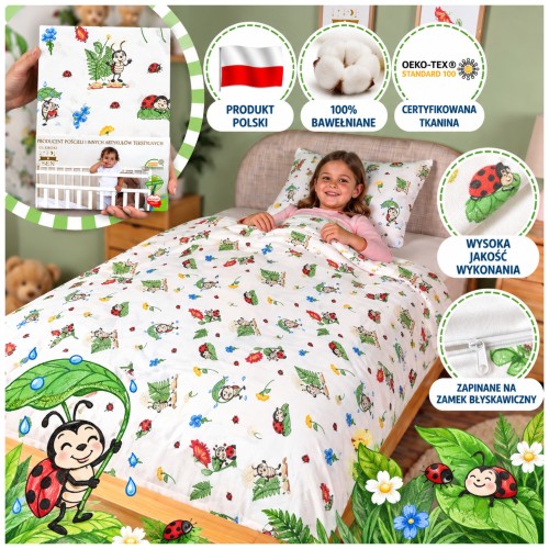 Komplet Pościeli Dziecięcej 100x160 + 50x60 Biedronki Białe