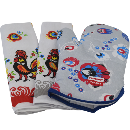 Komplet Kuchenny Łowicki Dwie Ściereczki + Rękawica