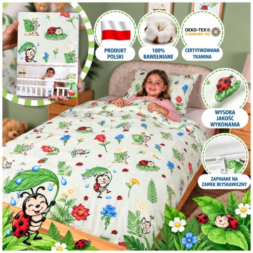 Komplet Pościeli Dziecięcej 100x160 + 70x80 Biedronki Seledyn