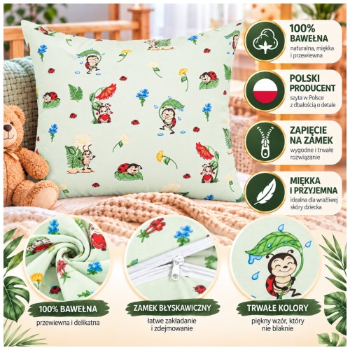 Poszewka Dziecięca 40x40 Bawełniana JAŚ Biedronki Seledyn