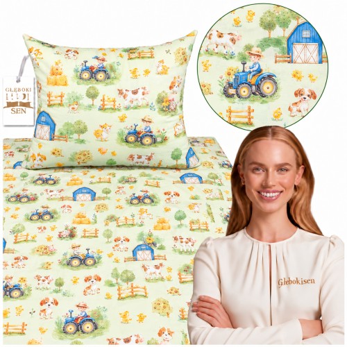 Komplet Pościeli Dziecięcej 90x120 + 50x60 Farmerski Świat Oliwka