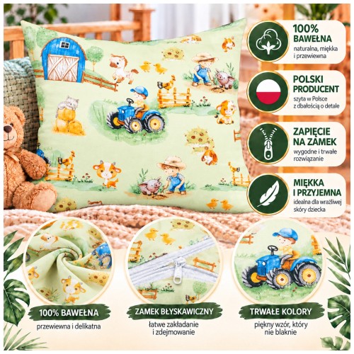 Poszewka Dziecięca 50x60 Bawełniana Farmerski Świat Oliwka