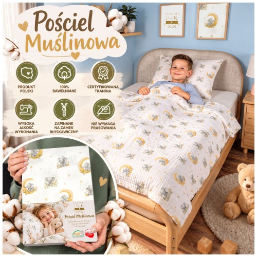 Pościel Muślinowa Dziecięca 100x135 + 50x60 100% Bawełniana Bajkowe Słoniki