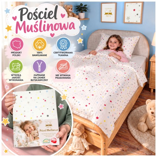 Pościel Muślinowa Dziecięca 100x160 + 50x70 100% Bawełniana Gwiezdny Sen