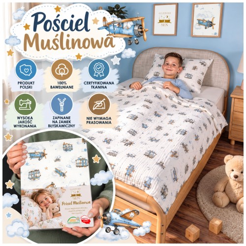 Pościel Muślinowa Dziecięca 120x160 + 50x70 100% Bawełniana Mały Odkrywca